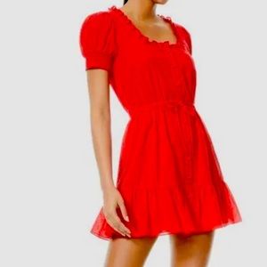 Alice + Olivia Women's Red Avi Cotton Ruffle Swiss Dot Mini Dress Size 14